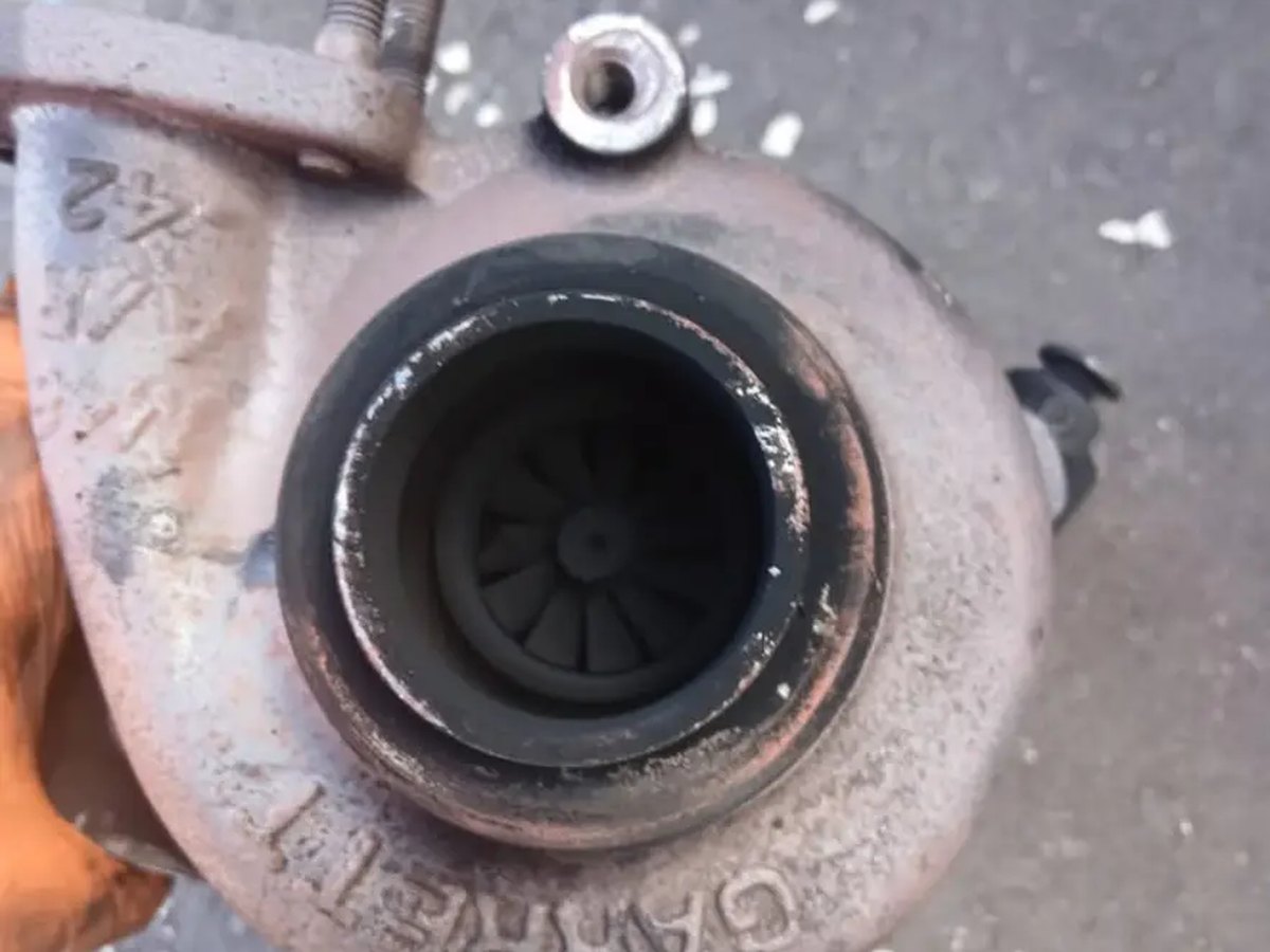 A turbocharger removed from a vehicle showing the compressor wheel and housing